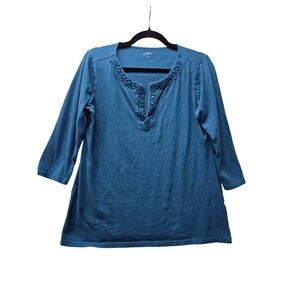 Loft Ann Taylor Teal Blue Beaded Split Neck Cotton Top 3/4 Sleeve Size L